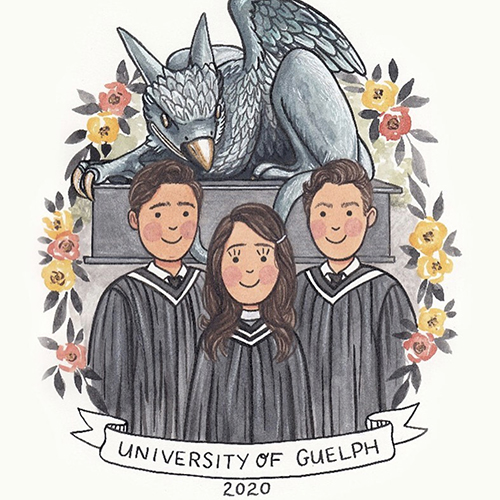 A drawing of 3 students in front of the Gryphon statue with a banner below them that says University of Guelph 2020