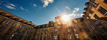 Back of Johnston Hall with sunburst.
