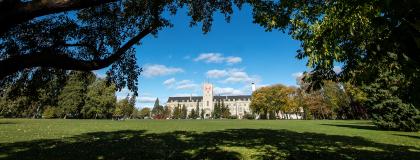 A wide shot of Johnston Green with Johnston Hall in the back