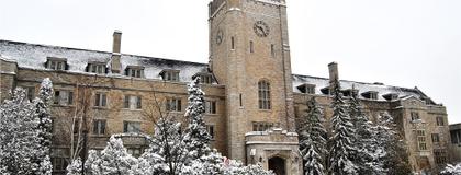 Johnston Hall building covered with snow